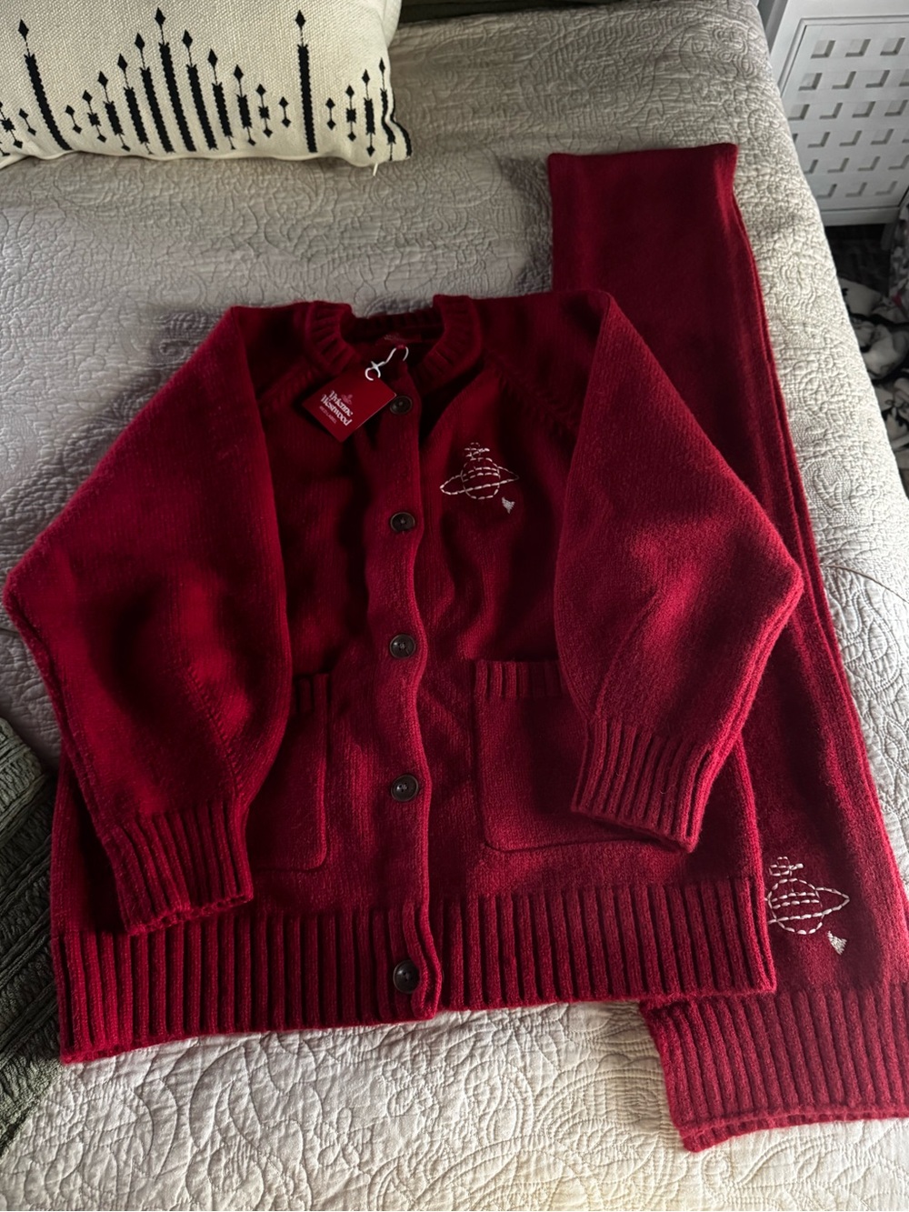 Vivienne Westwood Red Button-Up Knit Cardigan w/ Matching Scarf